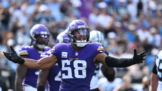 Oct 1, 2023; Charlotte, North Carolina, USA; Minnesota Vikings linebacker Jordan Hicks (58) reacts in the fourth quarter at Bank of America Stadium.